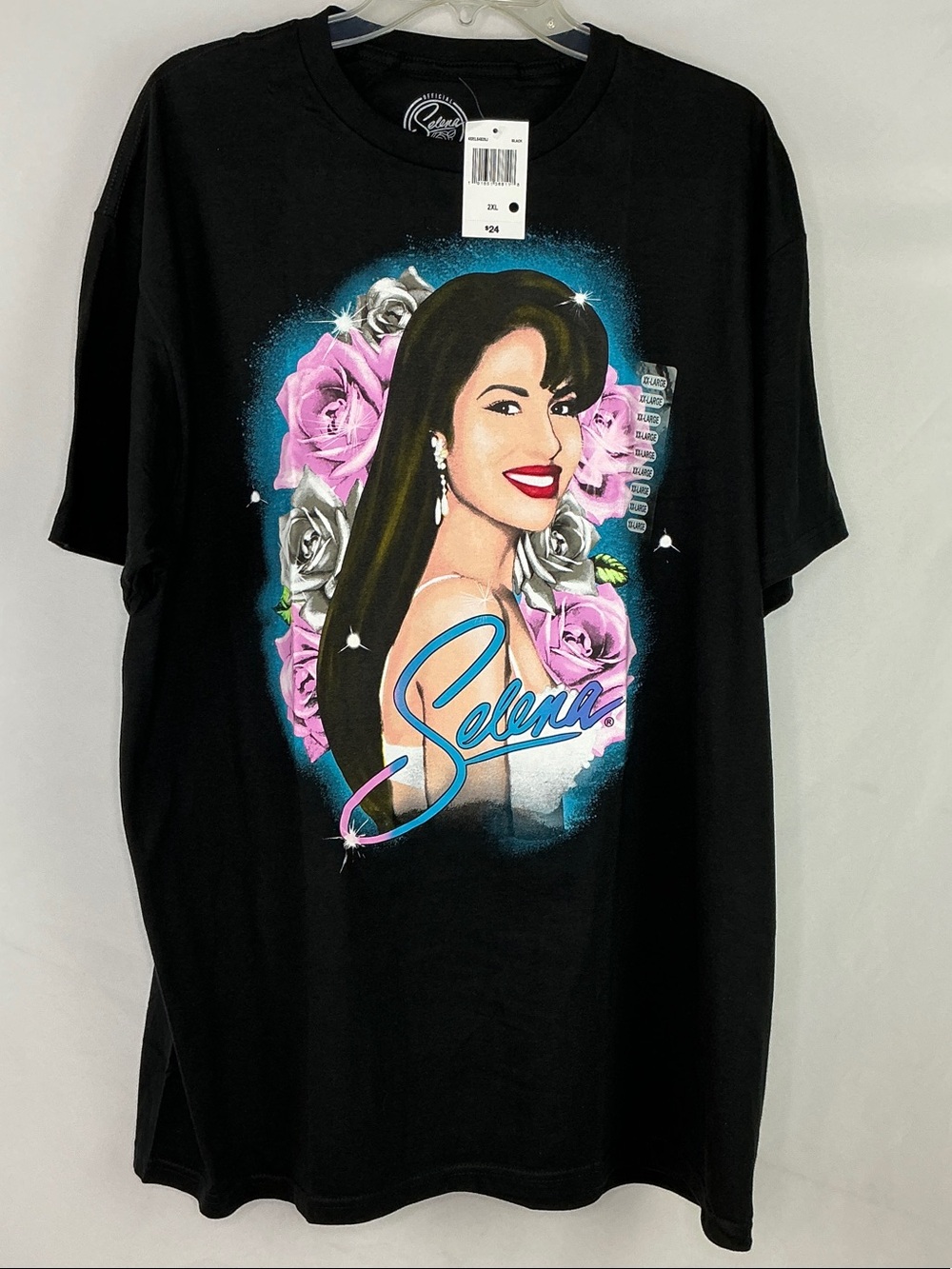 Selena Graphic Tee - Black with Pink & Silver Floral Art NWT Size 2XL